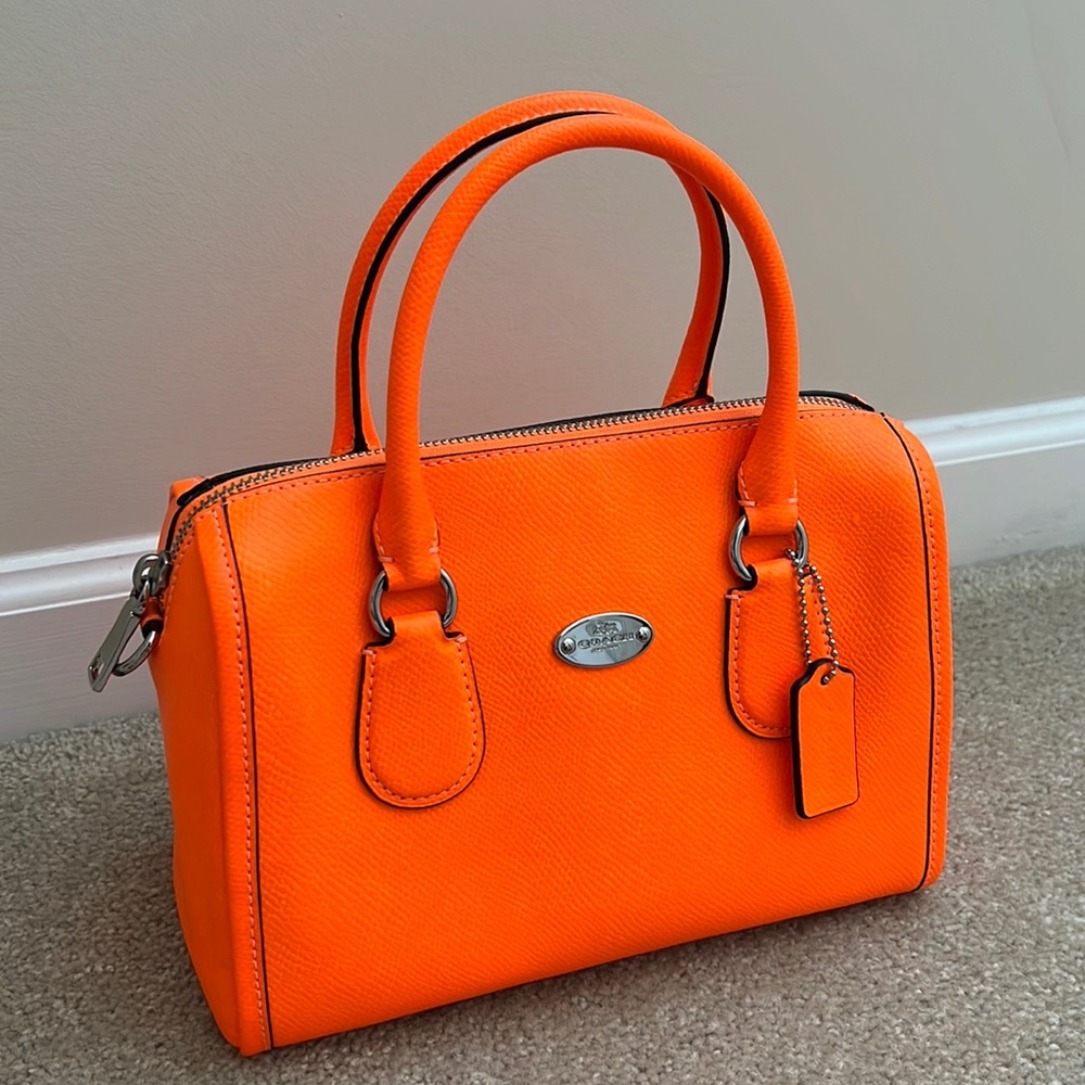 Coach Neon Orange Leather Top Handle Removable Strap Crossbody Purse Mini Bag